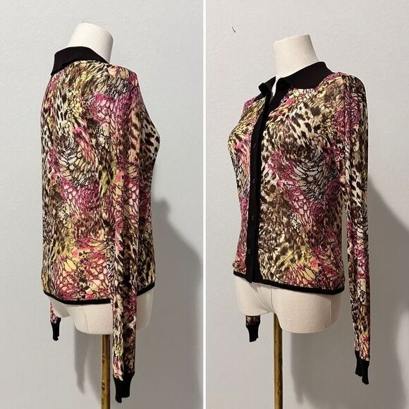 Exetera Abstract Print Mesh Shirt Cardigan Sz 1/US S Retro Y2K Twee Office-Siren - Picture 3 of 11